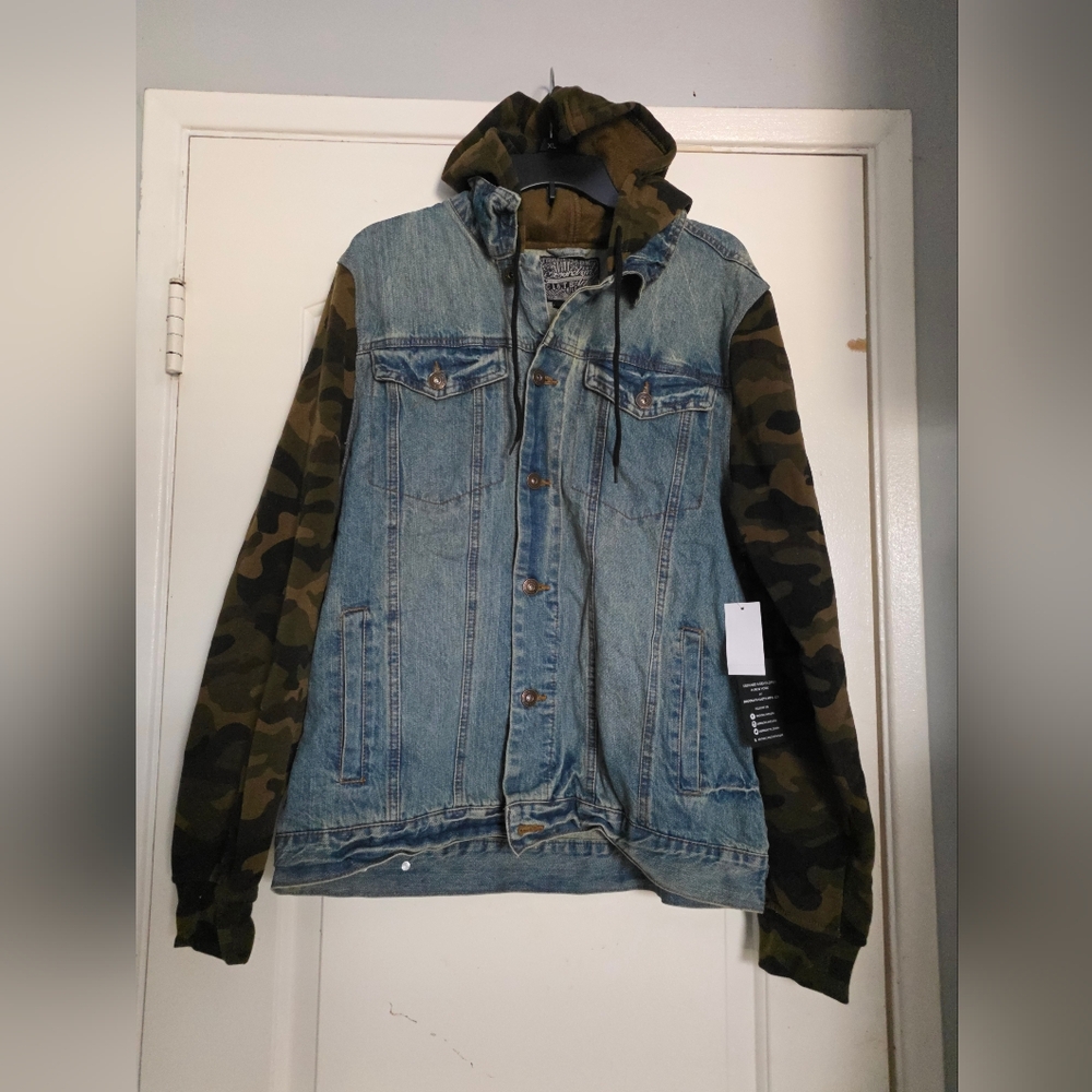 Men's Denim Jacket Large Army Camouflage Trucker Brooklyn Cloth